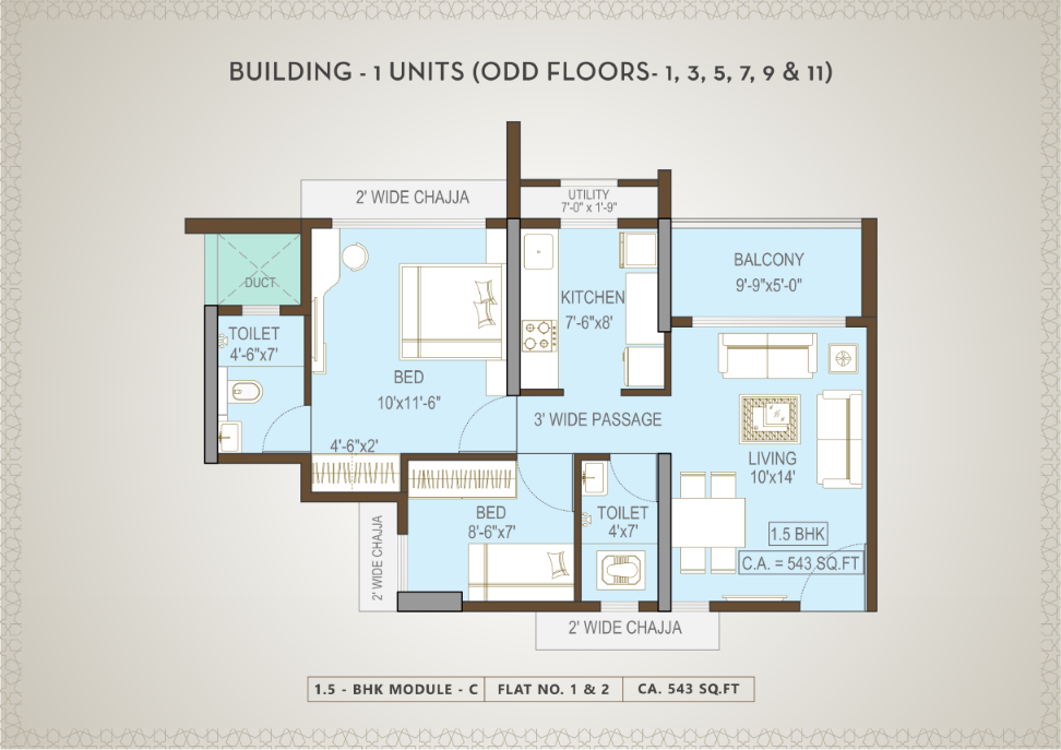 Building 1 odd floors 1.5 BHK module C floor plan